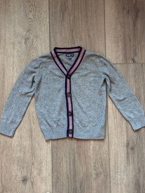 Baby GAP Gray Cardigan with Navy & Red Stripe Trim